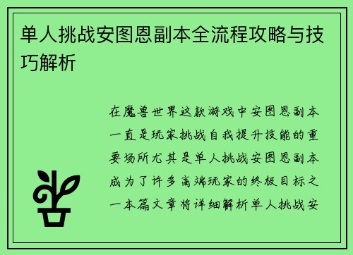 单人挑战安图恩副本全流程攻略与技巧解析