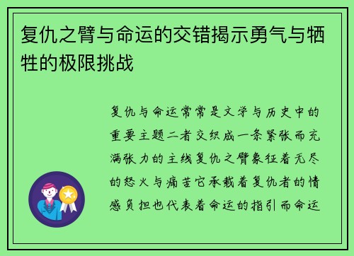 复仇之臂与命运的交错揭示勇气与牺牲的极限挑战